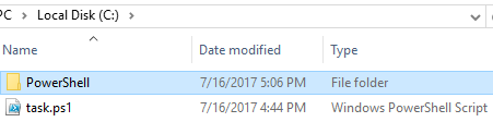 Windows 文件资源管理器显示 C:\ 根目录中包含 PowerShell 文件夹和 task.ps1 脚本