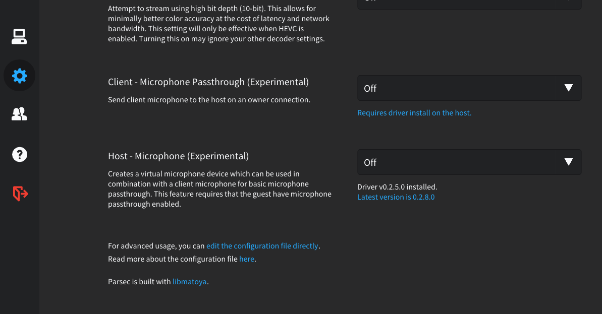 软件设置界面,显示 Client - Microphone Passthrough 和 Host - Microphone 两个实验性选项,均处于 Off 状态,右侧有动安装提示和版本信息